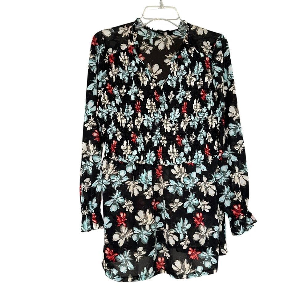 Lane Bryant Black Floral Smocked Neck Long Sleeve Sheer Tunic Top Size 14/16